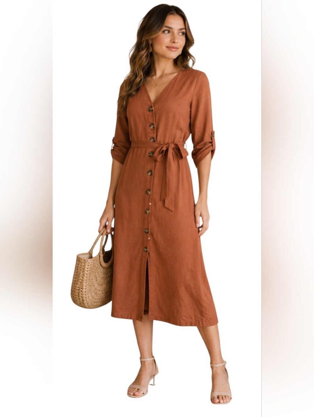 J Gee Button Front Tie Waist Midi Dress Rust Brown NWT Size Medium